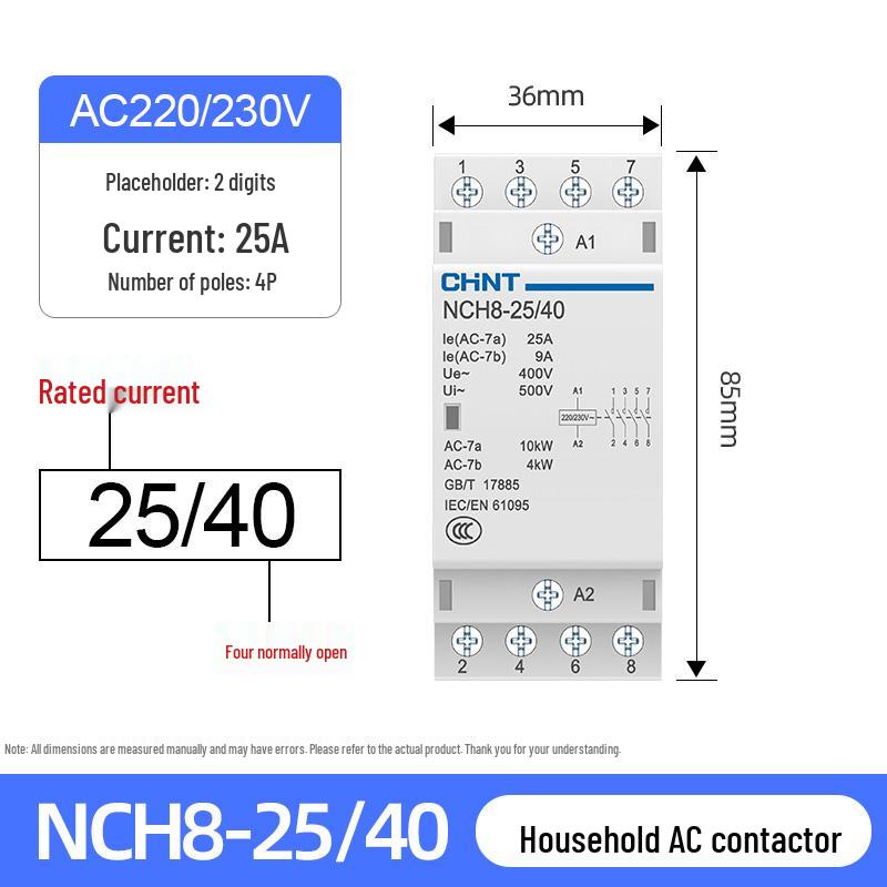 Chint NCH8-20/20 Silent AC Contactor, Single-Phase, 220V, 24V DIN Rail Mount