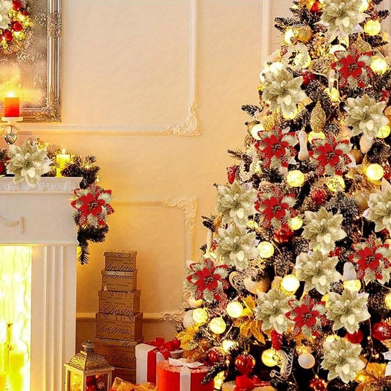 Poinsettia Artificial Christmas Glitter Flowers, Christmas Ornaments Xmas Tree Flower Decorations with Stems DIY Xmas Wreath Holiday Home Party Decor