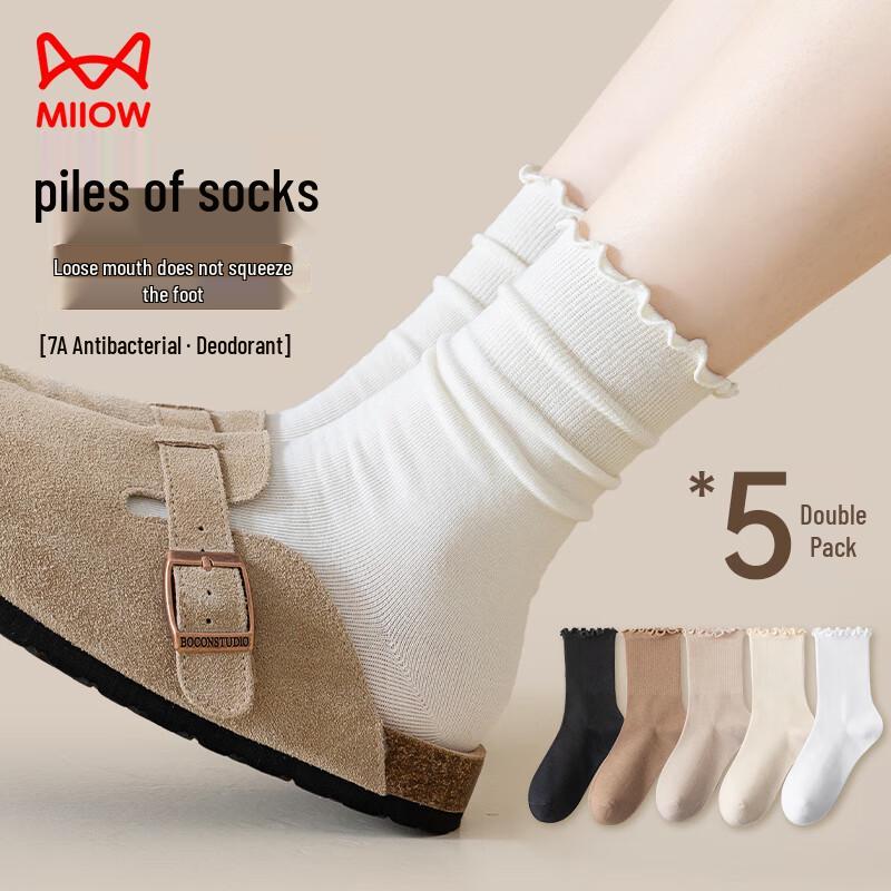 MaoRen Women s Ruffle Trim Mid-Calf Cotton Socks One Size