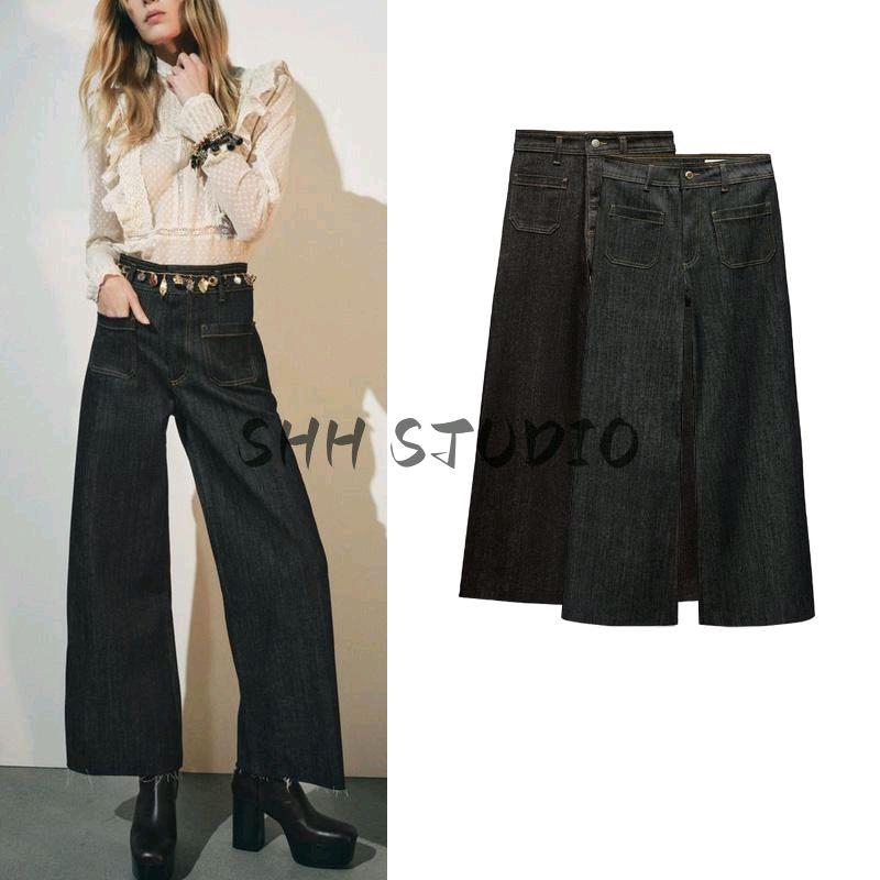 Spring New Women's Clothing Nautica Style Versatile Pocket Decoration High Waist Wide Leg Long Denim 8307049