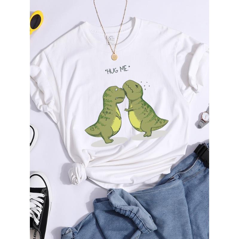 Hug Me Kawaii Green Little Dinosaur Women T-Shirt Summer Casual T Shirts Street Hip Hop Crop Top Personality Breathable T Shirt