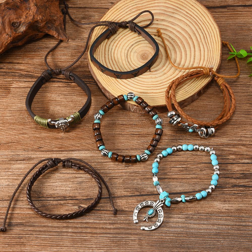 Cross-border new products Bohemian wind beads beaded retro bull head moon cactus alloy multi-layer diy6-piece set