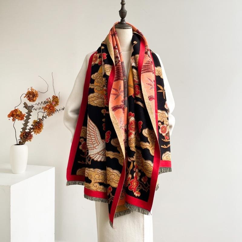 Color cartoon cat new oil painting scarf women's imitation cashmere warm scarf sweet and cute decorative winter shawl