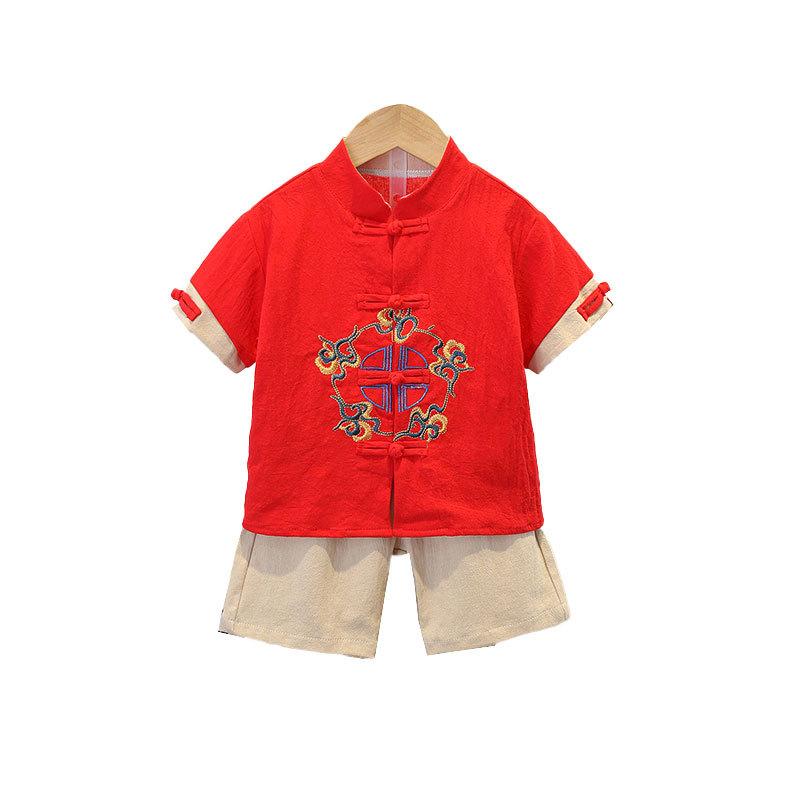 Jungen Sommer Kurzarm Anzug Jahr Chinesischer Stil Kinder Hanbok Hübscher Tang Anzug Baumwolle Leinen Dünner Abschnitt Antike Kleidung