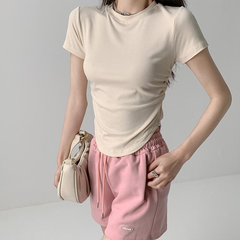 Women s Summer New Arrival Design Slim Base Button-down Waist-hugging Round Neck Top S
