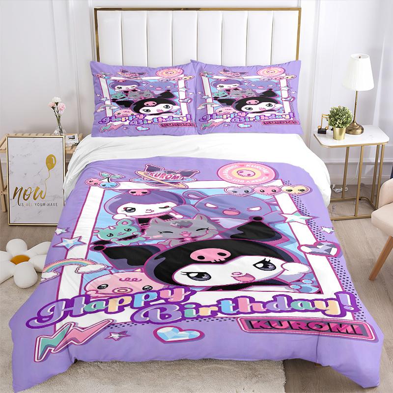 3pcs Kuromi's Birthday Celebration Quilt Set Cartoon Themed Bed Quilt Set Lovely Character Bedroom Decor Bed Quilt Set Four Seasons (1 Cover + 2P