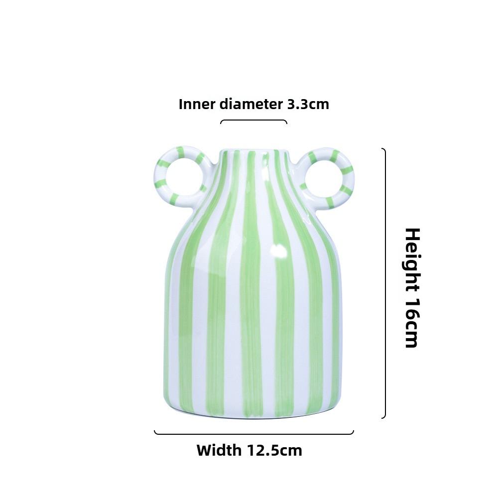 Nordic Ins Style Striped Double Ear Ceramic Vase Hydroponic Flower Planter Ornament зелёный