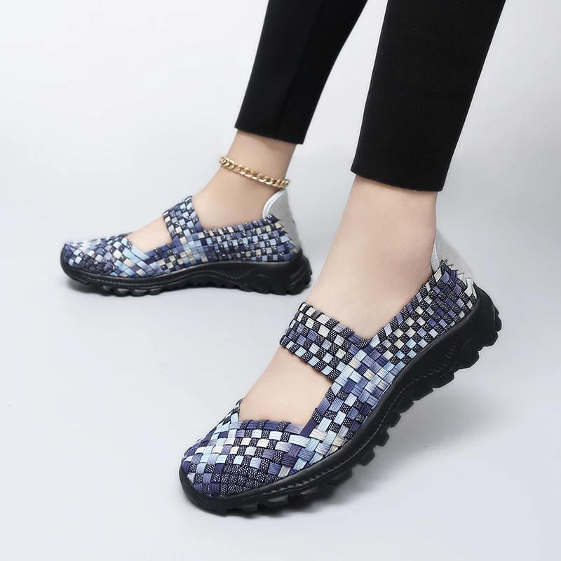 Women's Colorful Handmade Woven Sneakers Breath Slip-On Walking Wedge Shoes Light Low-Top Thick Bottom Casual Sandals Zapatillas