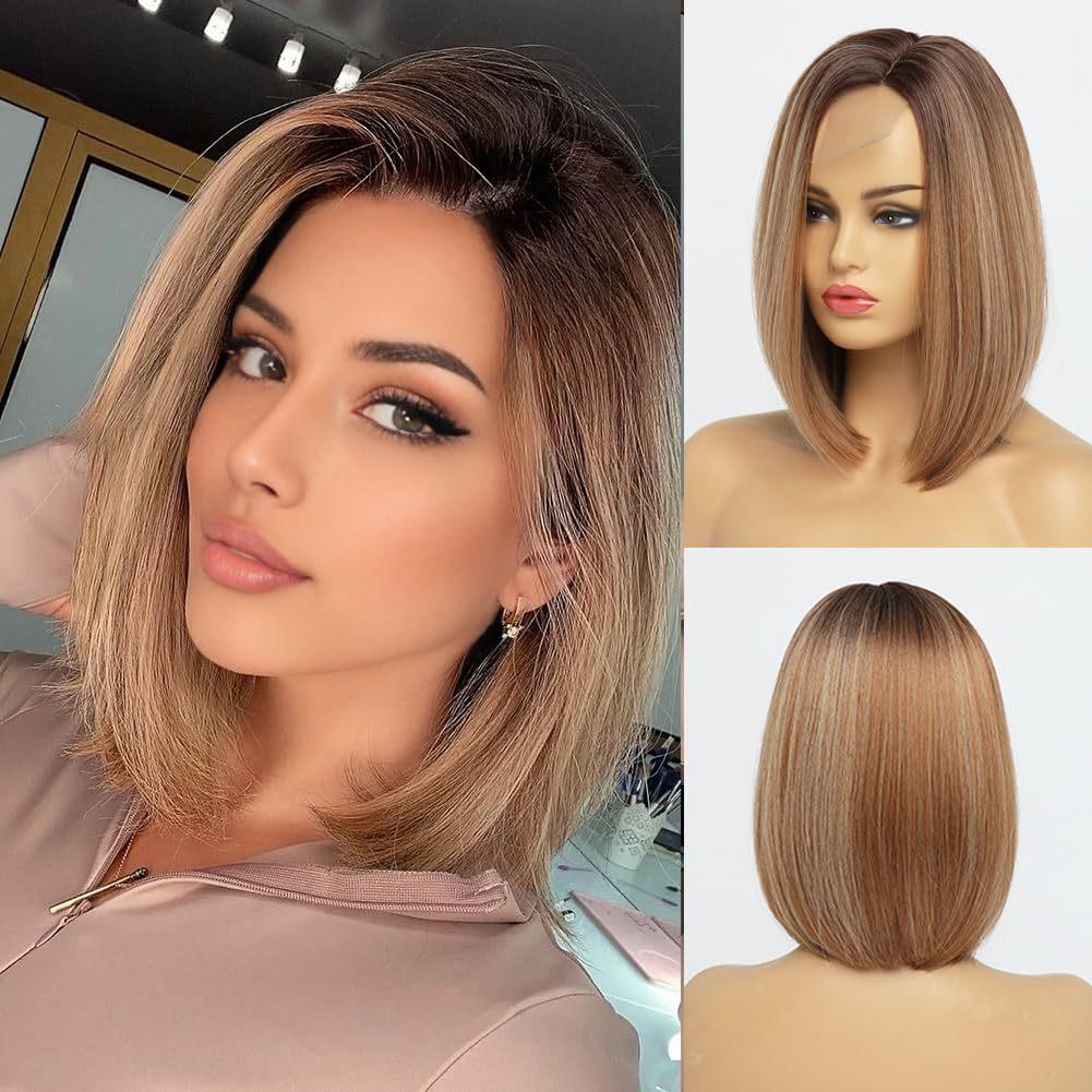European American Wig Women's Bob Hair Gradient Gold Medium Long Collarbone Split Forehead Lace Full Head Cover
