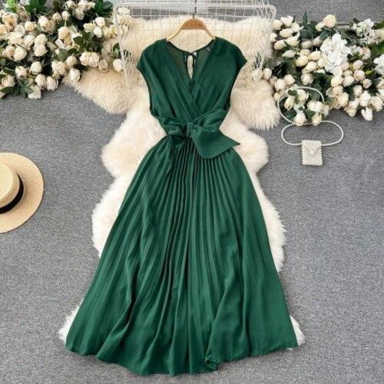 Sommer Neues Französisches Chic Maxikleid Damen V-Ausschnitt Ärmellos Schnürung A-Linie Falten Damenkleider Damen