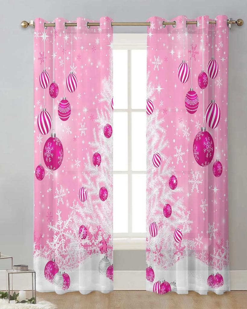 Winter Pink Christmas Ball Christmas Tree Snowflake Sheer Curtains Living Room Bedroom Kitchen Decor Window Voiles Tulle Curtain