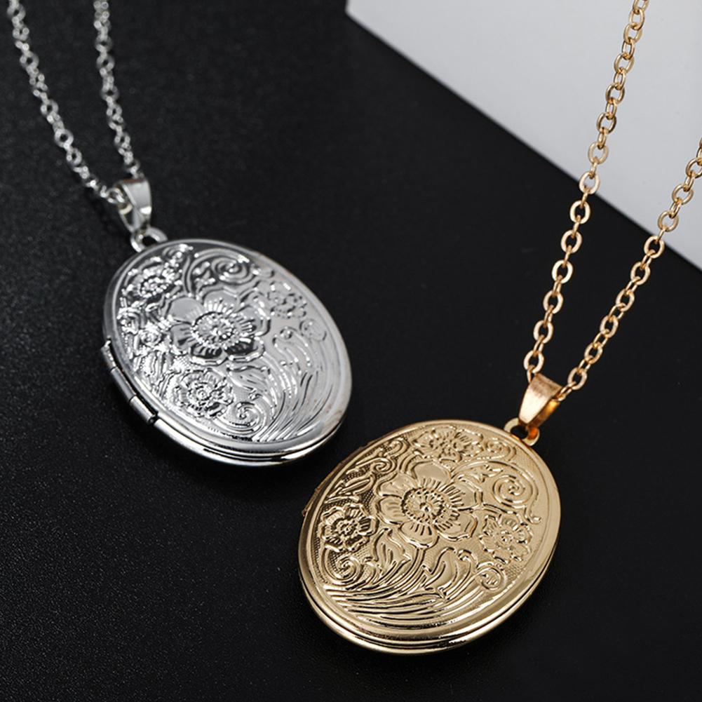 Locket Pendant Necklace Engraved Hold Photo Pendant Necklace Carved Pattern Oval Round Pendant Necklace for Women Men