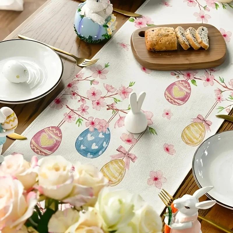 Easter Bunny Egg Tulip Linen Table Runner Holiday Party Decor Spring Cherry Blossoms Table Runnes for Kitchen Dining Table Decor