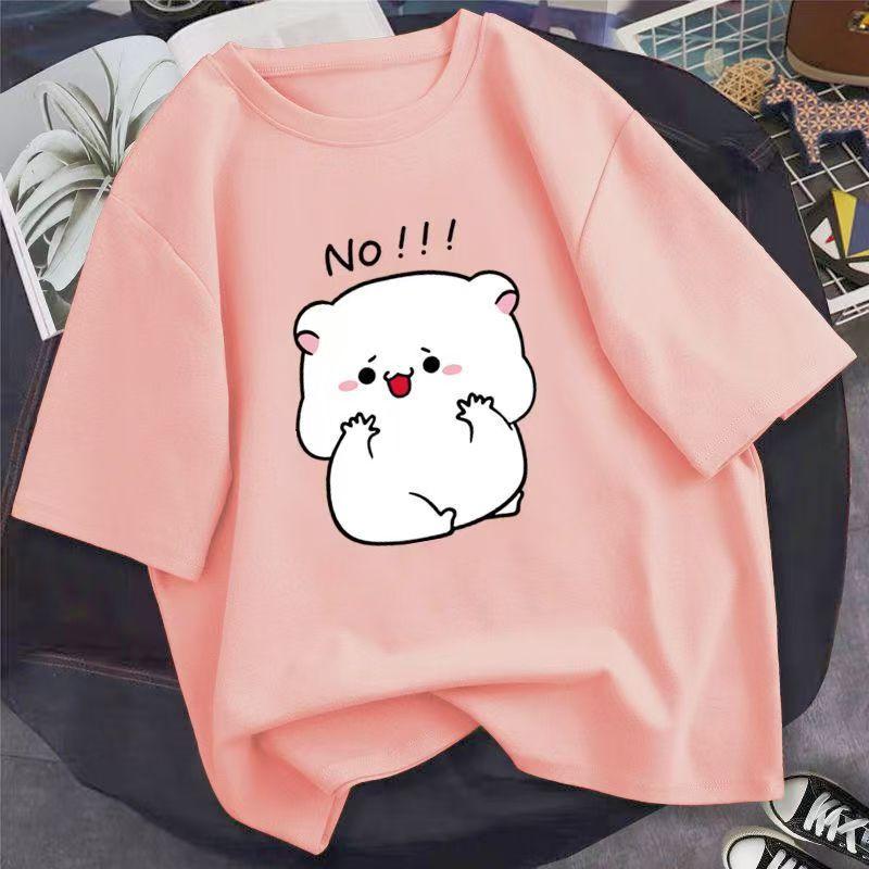 Women's Summer New Cotton Round Neck Cartoon Printing Short-sleeved Loose White T-shirt