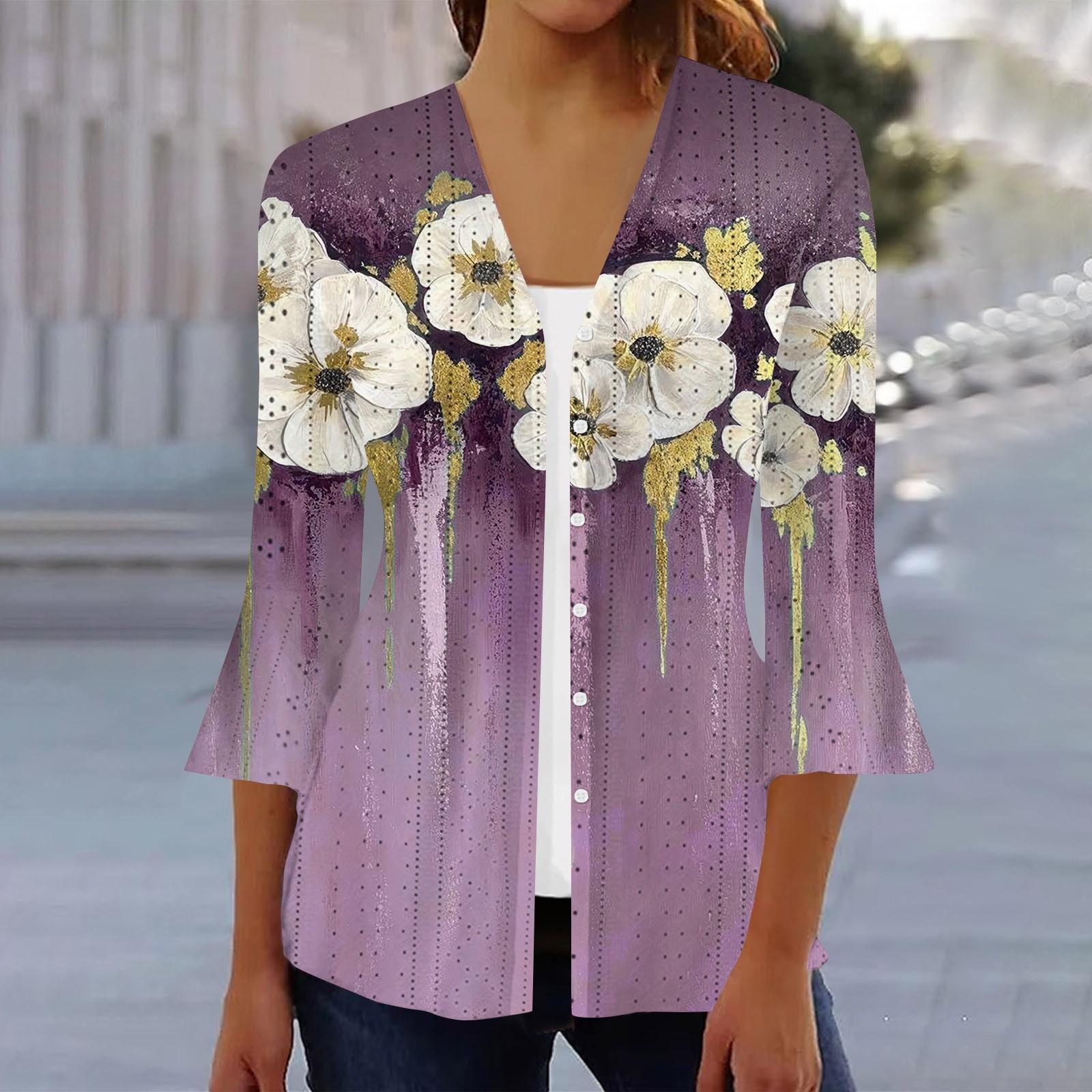 

Женская мода свободный повседневный принт с рукавом три четверти рубашка на пуговицах кардиган топ XXL