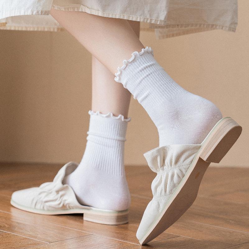 Schwarze Socken mit Ohrrand, Damen-Wadensocken, Weiße Dünne Trendige Sommer-Frotteesocken, Spitzensocken