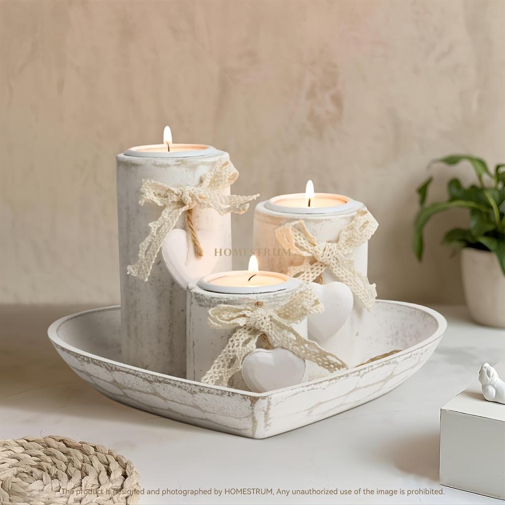 

Набір білих дерев яних свічників 4 шт., Набір свічників для чайних ламп, Декорація бантом з джутової мотузки та декоративне каміння, Декоративна чаша у формі серця, Піднос для прикрас 4pcs