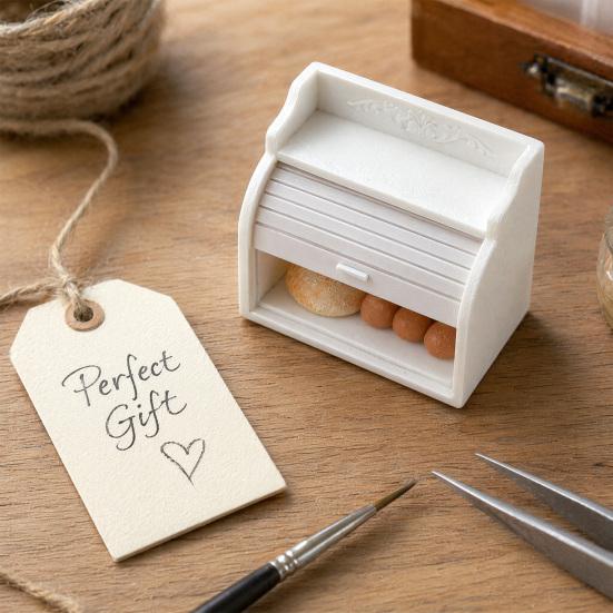 Miniature Cabinet with Breads, Tiny Rolling Shutter Cabinet, Realistic Mini Breads, Pretend Play Toys Furniture for 1/12 Scale Doll Mansion