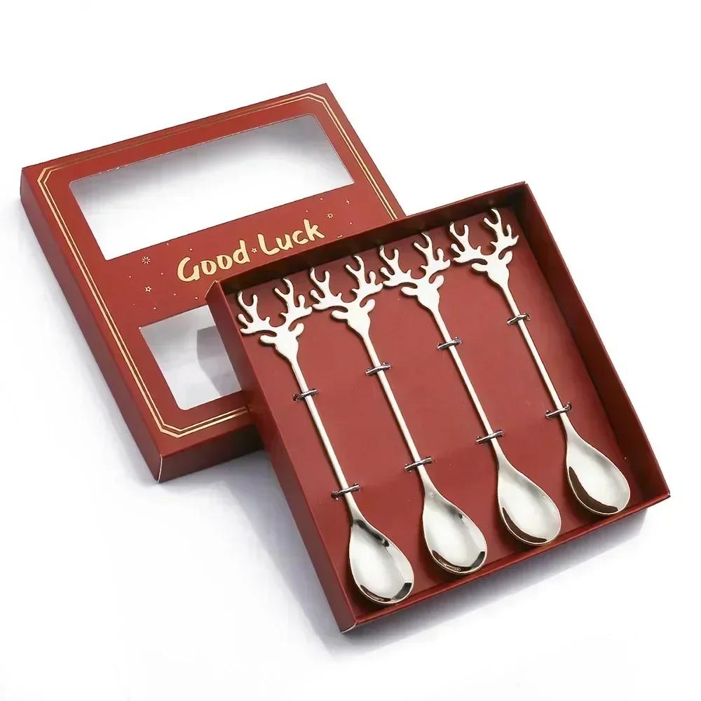 Christmas Table Decor 4-Piece Stainless Steel Cutlery Set with Spoon and Fork, Elk and Xmas Tree Design, Holiday Home Decoration and New Year Navidad
