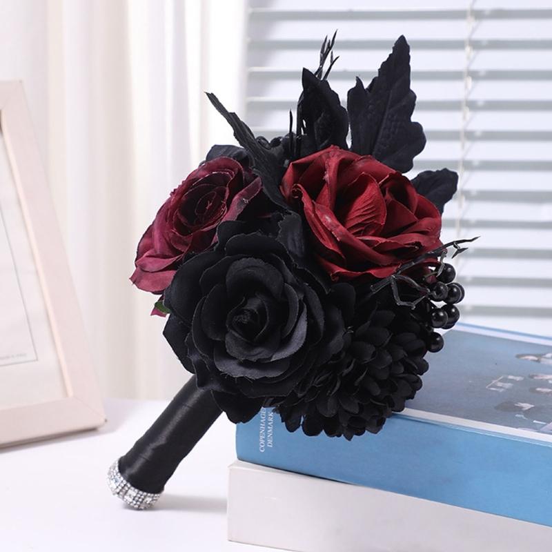 Artificial Flowers Bridal Bouquet Gothic Wedding Bouquet Red/Purple and Black Wedding Flower Bouquet for Bridesmaids
