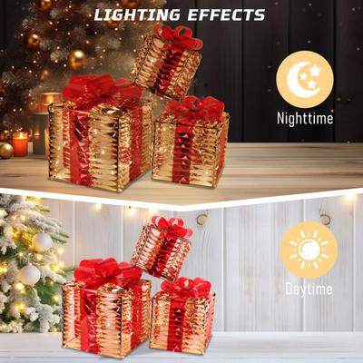 3 Peças Caixas de Presente de Natal Iluminadas Caixas de Presente Pré-Iluminadas com Laço e Luz LED para Decoração de Gramado de Festa em Casa Interna