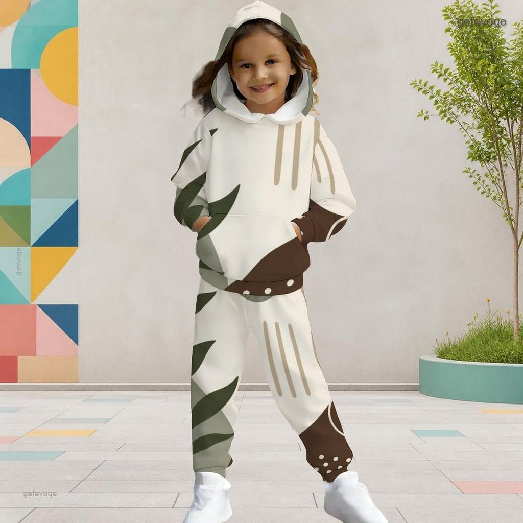 Girls Striped Printed Hooded Long Sleeve Kangaroo Pocket Top Cuffed Pants Two Piece Set