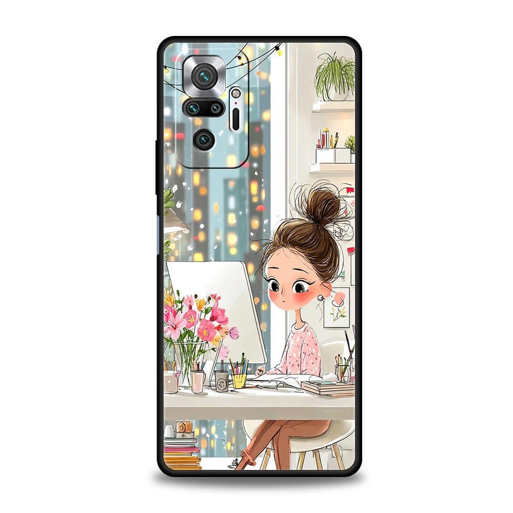 Cartoon Girl Phone Case Cover for Redmi 14C 10C Note 15 14 13 12 10 11 K40 Pro Plus 5G Soft TPU Shockproof Shell Funda Capas Bag