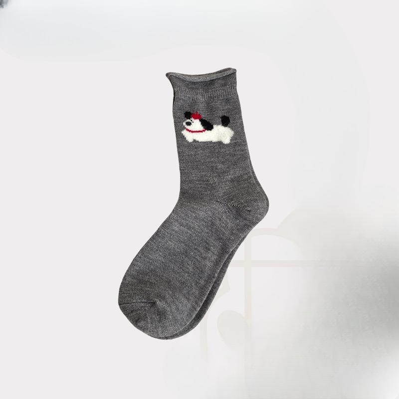 Woolen Socks for Women, Thick and Warm Mid-calf Socks for Autumn and Winter, Cartoon and Cute Grey Long Socks, Pile Socks