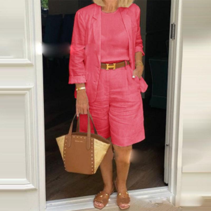 Damski kardigan bawełniano-lniany na wiosnę i jesień 2025: Dwuczęściowy zestaw z topem i szortami