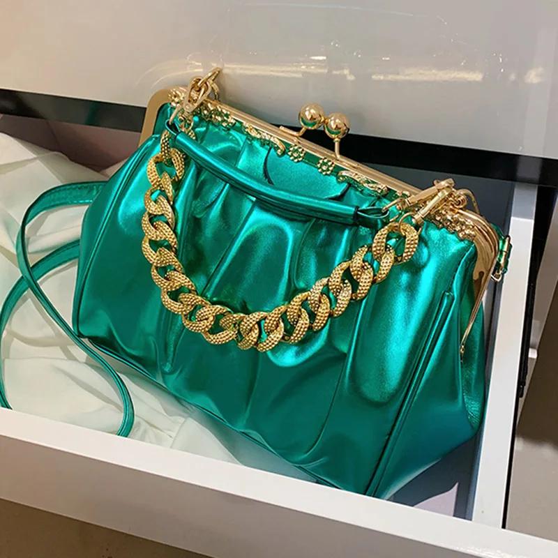 PU Leather Shoulder Bag for Women Kiss Lock Shell Clip Female Handbags Ruched Crossbody Bag Silver Blue Green