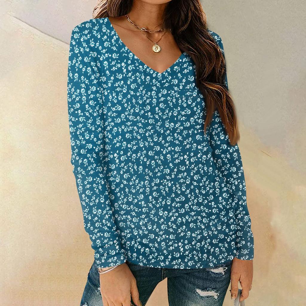 Modisches, lässiges Langarm-Oberteil mit Blumendruck und V-Ausschnitt für Damen mit Taschen