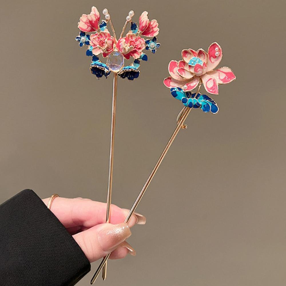 Enamel Floral Hairpin Oriental Vintage Lotus Cherry Blossom Perfect Traditional Outfits Cultural Events Exquisite