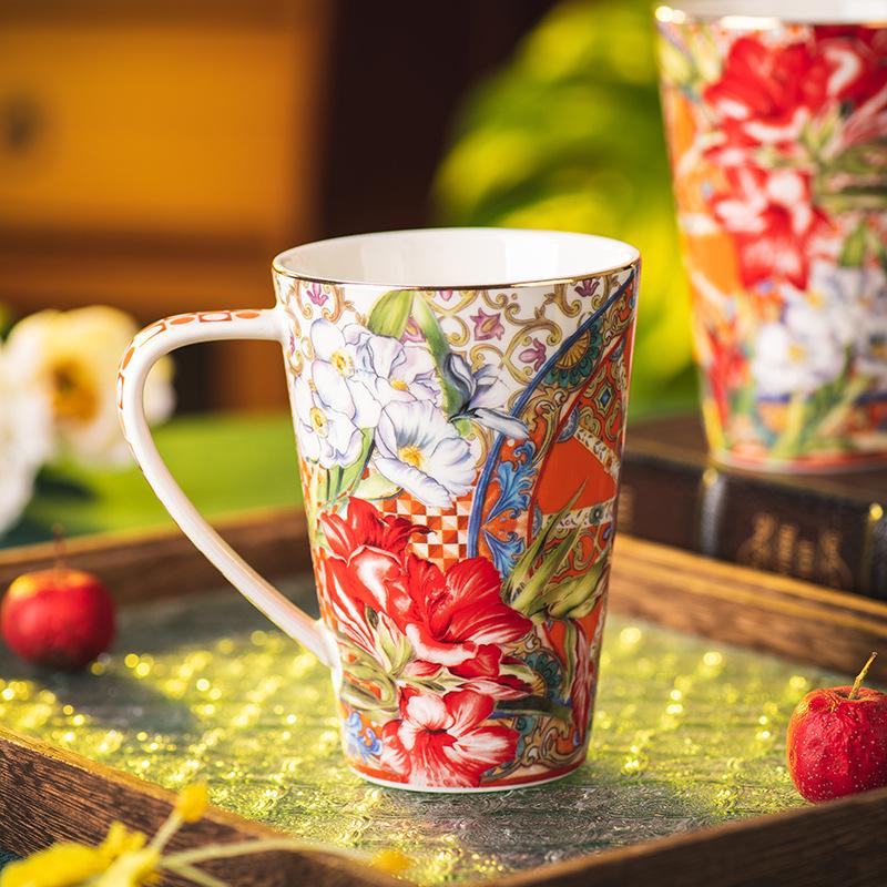 Flowering Home Drinking Cup Ceramic Retro Breakfast Cup High Value Cup Large Capacity Coffee Cup