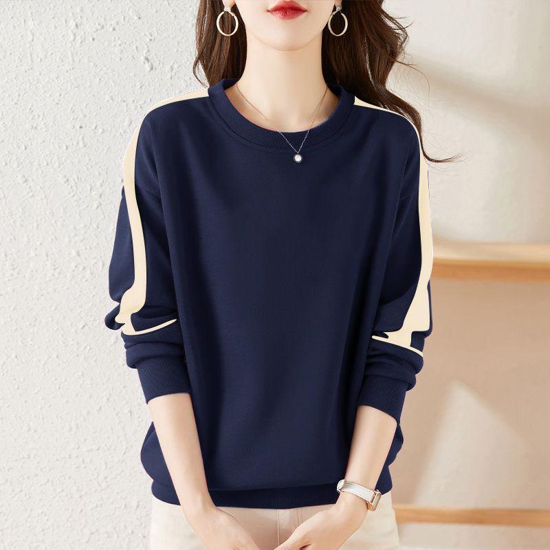 

Big Sale Leak-Picking Fall and Winter New Arrival Best Selling round Neck Long Sleeve Top Female All-Matching Youthful-Looking Pure Cotton Sweatshirt Navy blue [paragraph pure color]] 2XL