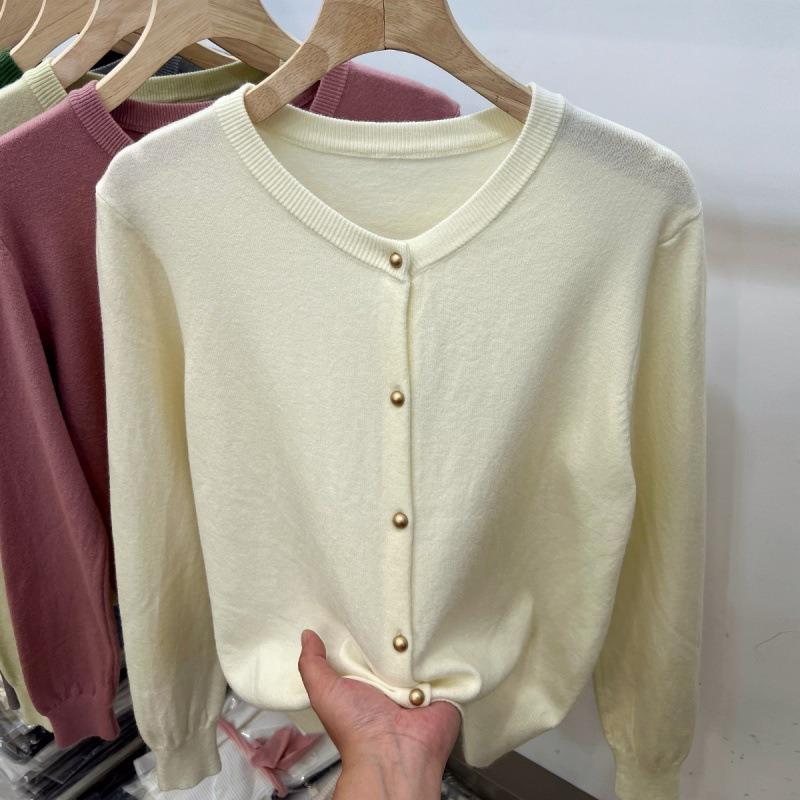 Solid color crew neck knitted cardigan women's spring and autumn new design sense long sleeve sweater jacket top trendy
