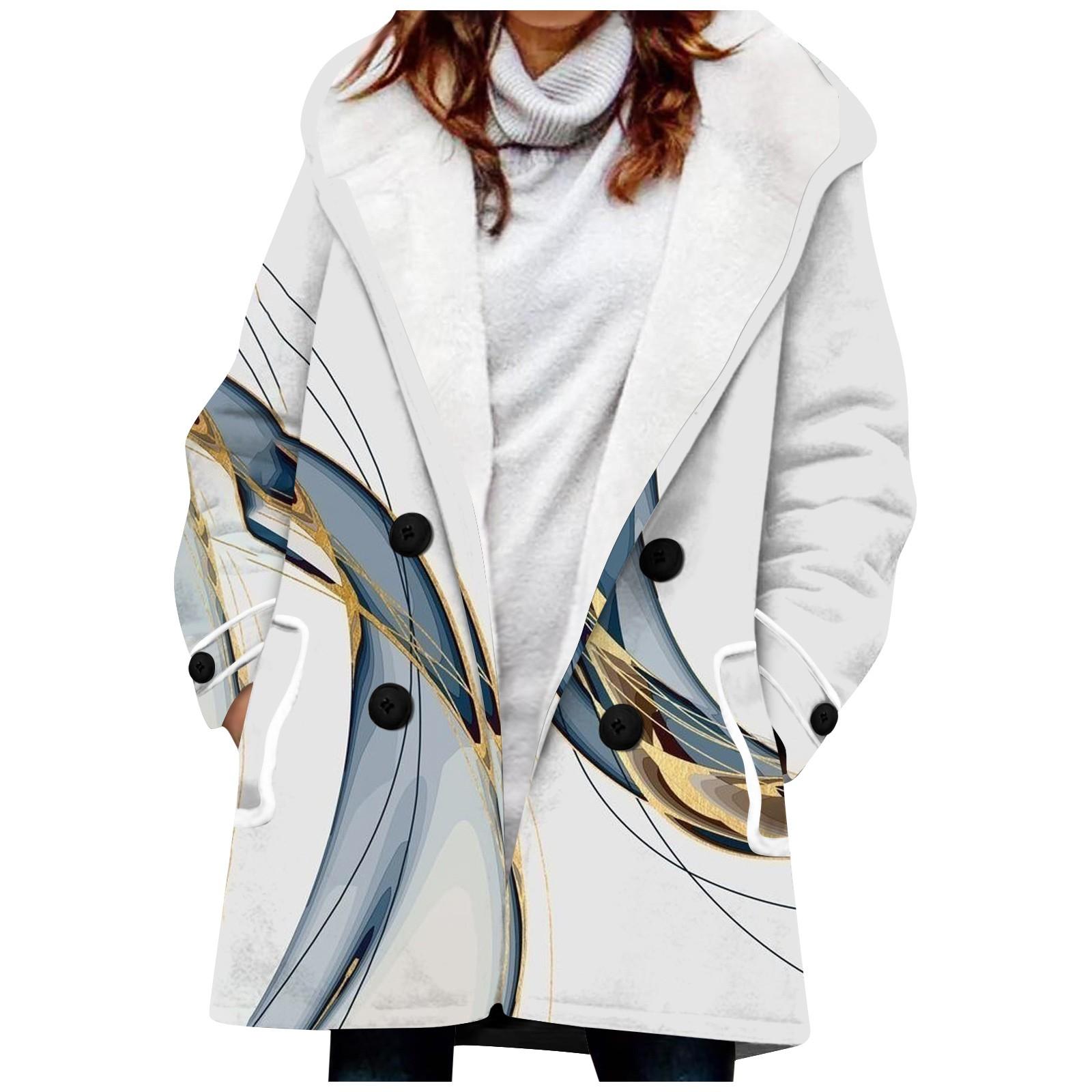 

Женское зимнее пальто, теплое мохнатое пуховое пальто с капюшоном и пуговицами, куртка с принтом XXL белый