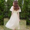 Bailuyu V-Neck Puff Sleeve Slim Fit Long Dress with Beaded Belt