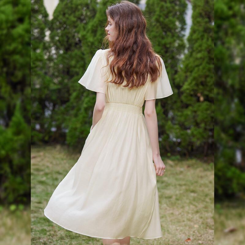 Bailuyu V-Neck Puff Sleeve Slim Fit Long Dress with Beaded Belt