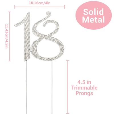 18 Cake Topper - Premium Silver Metal - 18th Birthday Party Sparkly Rhinestone Decoration Makes a Great Centerpiece