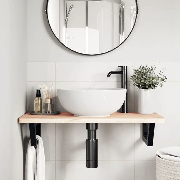 VidaXL Wall-mounted Washbasin Shelf Steel and Solid Beech Wood, Floating Washbasin Shelf, Washbasin Shelf To Place 3302355