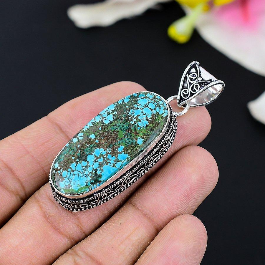 Tibetan Turquoise Gemstone 925 Sterling Silver Jewelry Pendant 2.05" KG-132