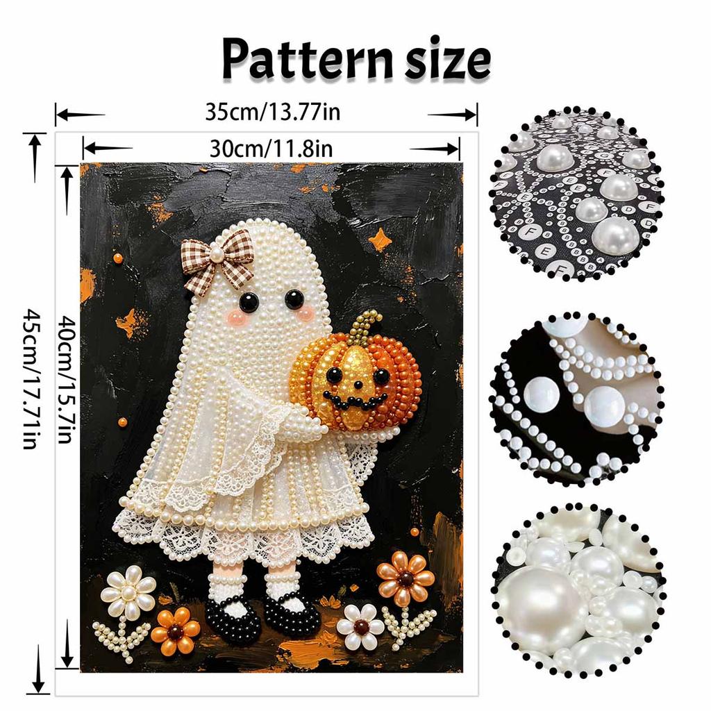 Frameless Pearl Bead Painting Kit Cute Ghost with Pumpkin Design DIY Handmade Craft Canvas for Home Wall Decor Autumn Festival Art
