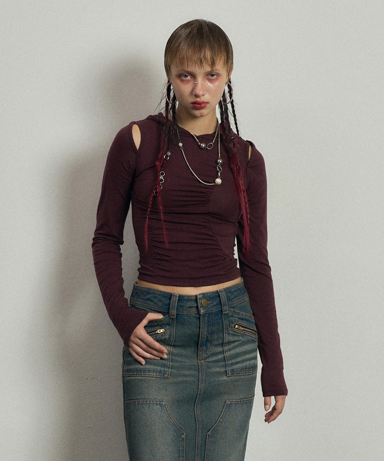 Buddy Cut-Out Shirring Hoodie Deep Plum M