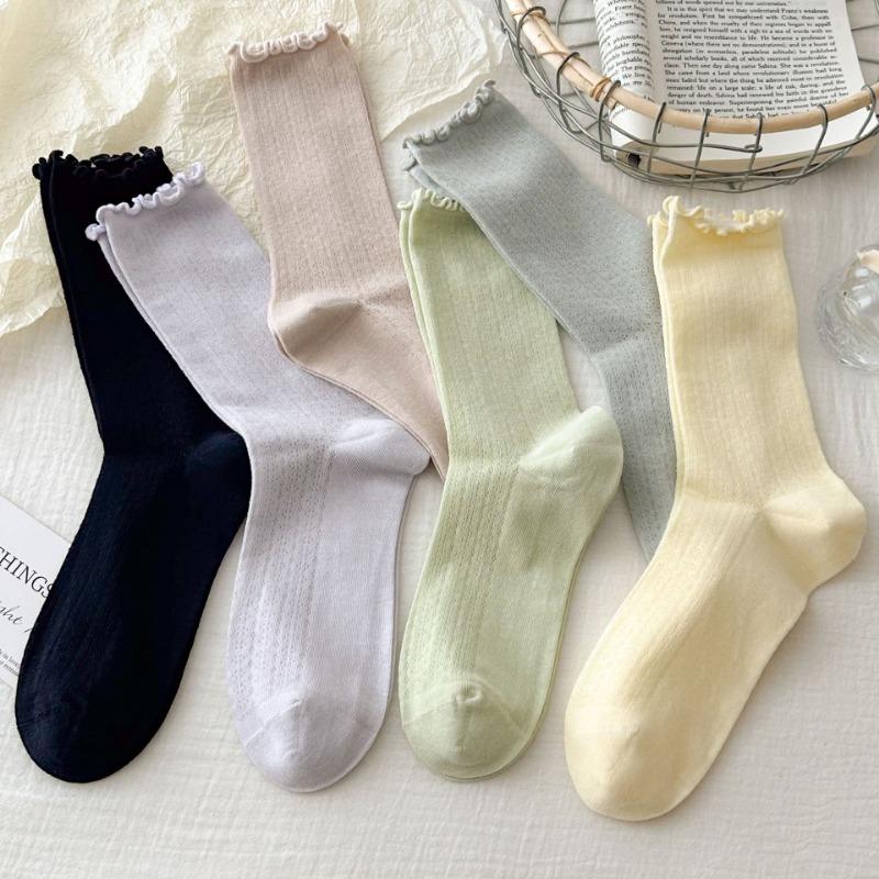 Boneless Socks for Women, Summer Thin Mesh Breathable Pile Socks, Black Fungus Edge Mid-calf Socks, Loose Lace Postpartum Socks for Women