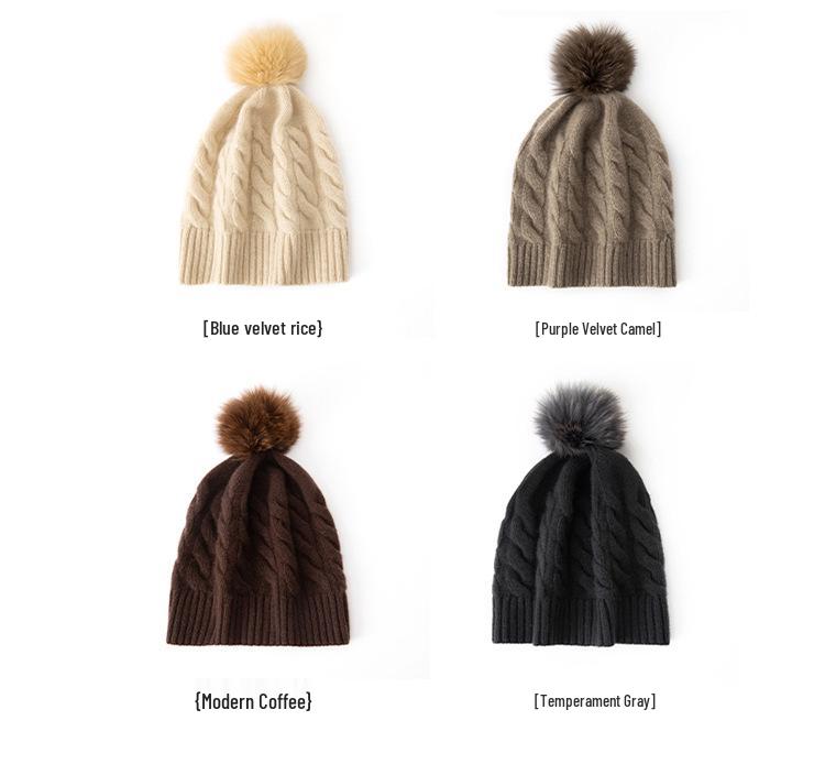 Women's 100% Cashmere Pom-Pom Hat - Three-Strand Winter Knit, Versatile Cable, Warm Ear Protection