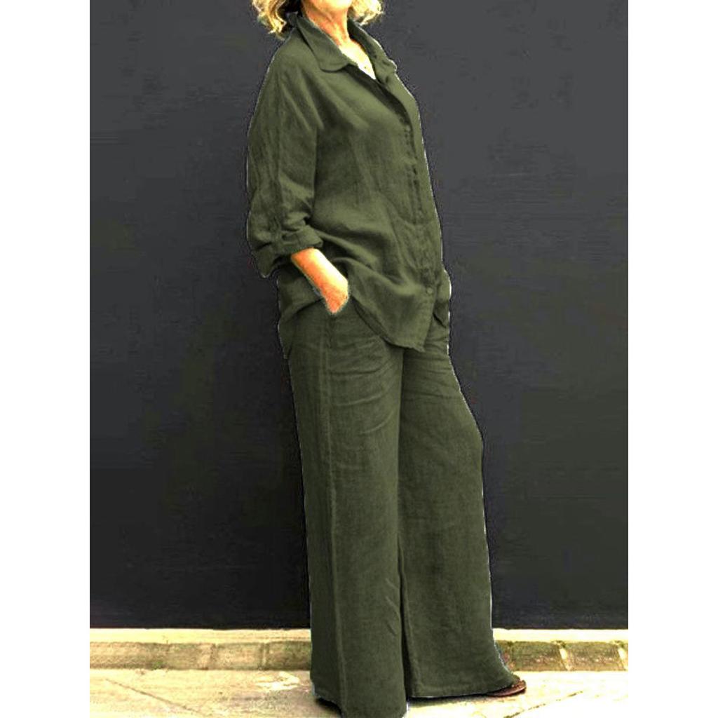 Fashion Cotton Linen Shirt Long Sleeved Women's Set Spring Autumn Loose Cotton Linen Wide Leg Trousers Female Office 2piece Set
