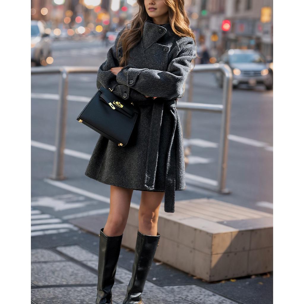 2024 Autumn/Winter Women's Stand Collar Tie Waist Wool Coat