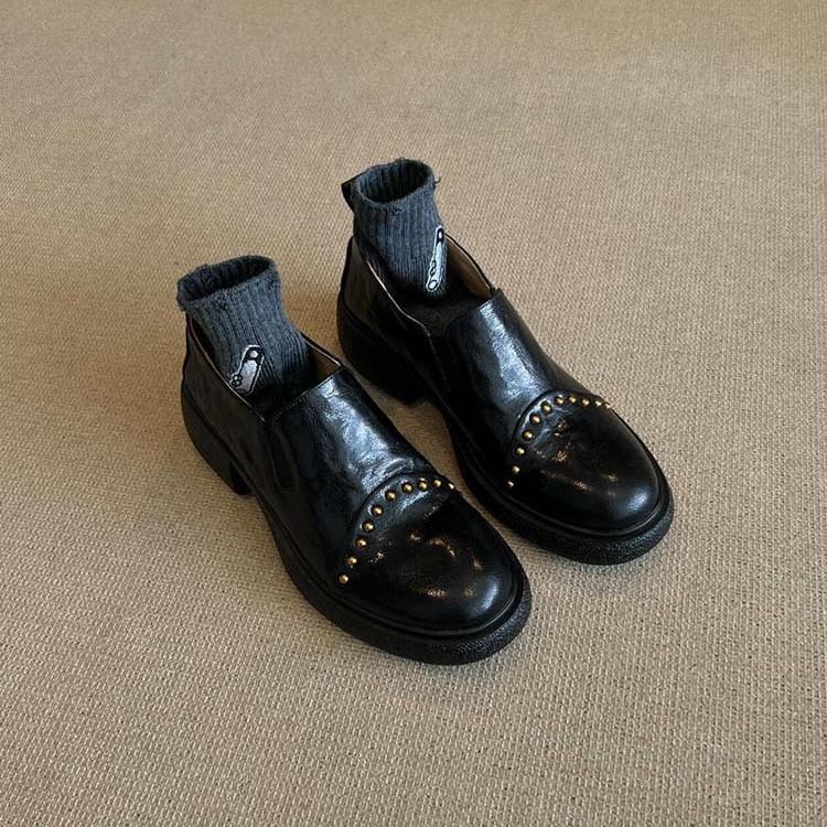 Sheepskin version~ British style small leather shoes women's leather thick-soled rivets one pedal deep loafers elastic single shoes