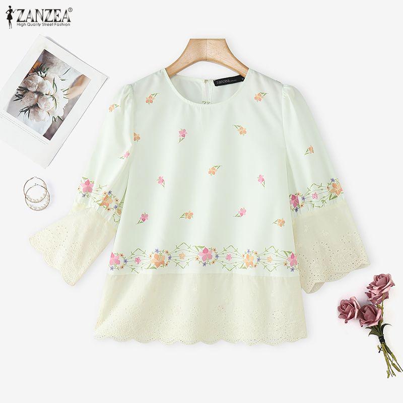 ZANZEA Women Round Neck 3/4 Sleeve Casual Floral Print Blouse