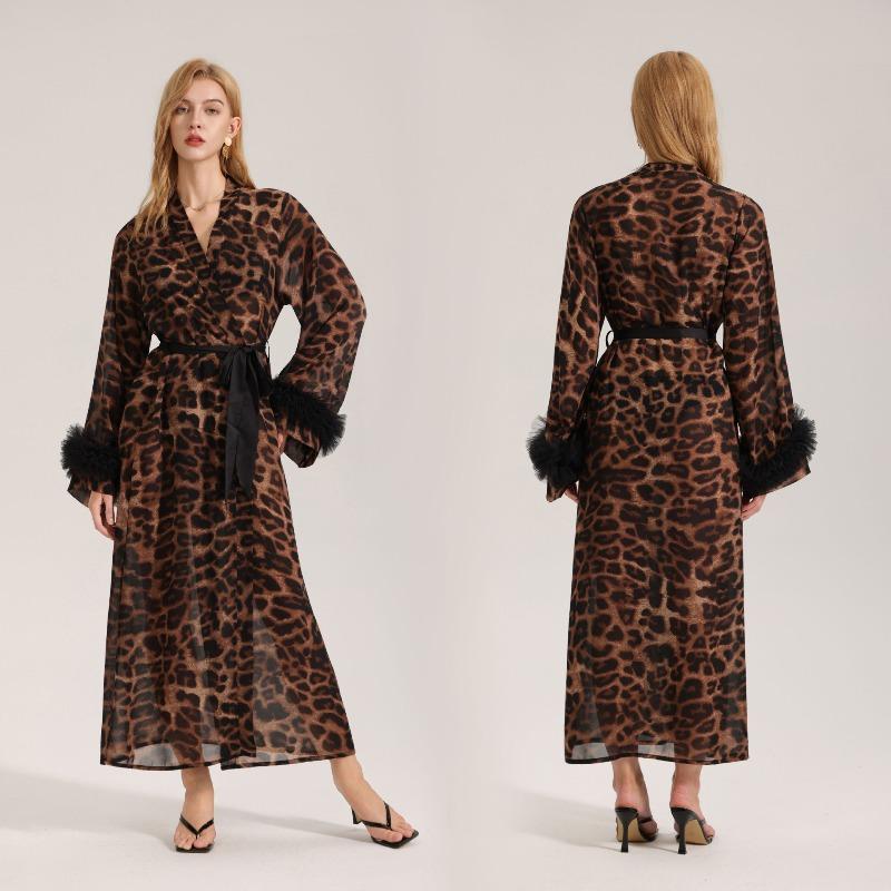Leopard Print Nightgown, Women's Summer and Autumn Long Sleeved Light and Thin Morning Gown, Pearl Yarn Wild Beauty Home Gown